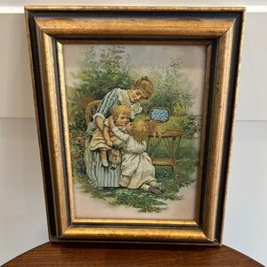 Framed Vintage Mother and Children Print in Gold Frame